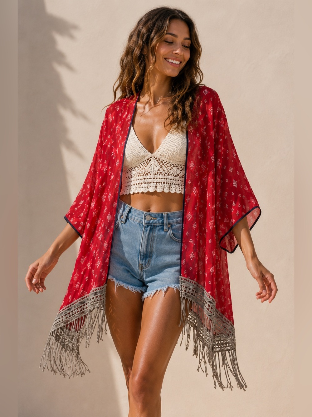 Bit & bridle Womens American Flag Kimono Cardigan Sheer Patriotic Fringe